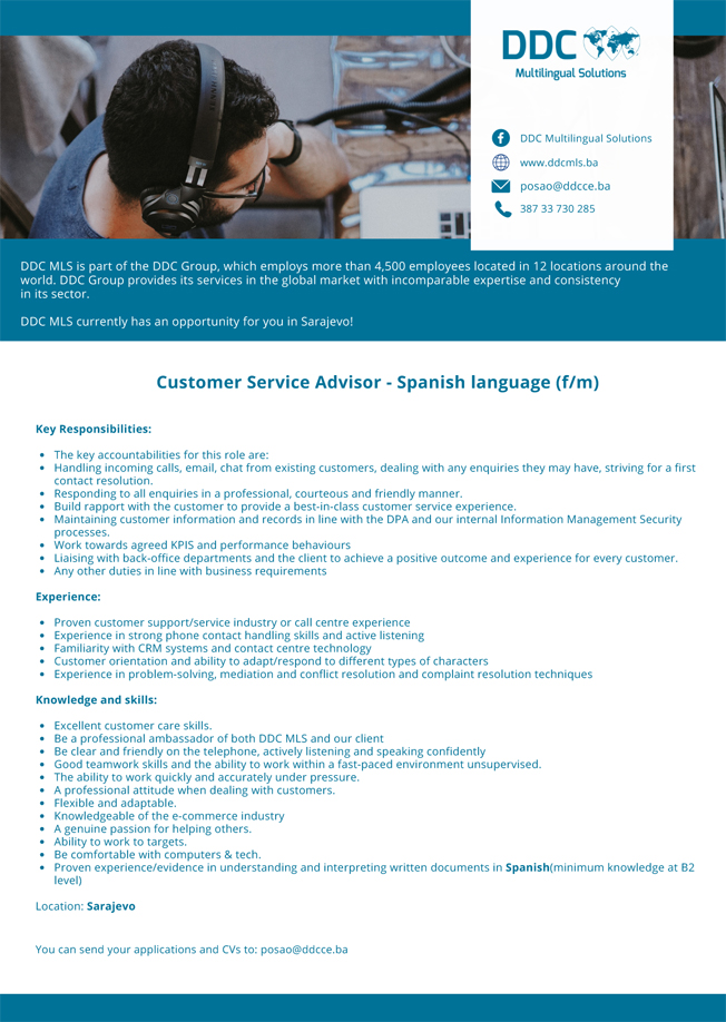 Customer Service Advisor Spanish language (f/m) Oglasi za posao Customer Service Advisor Spanish language (f/m) Oglasi za posao